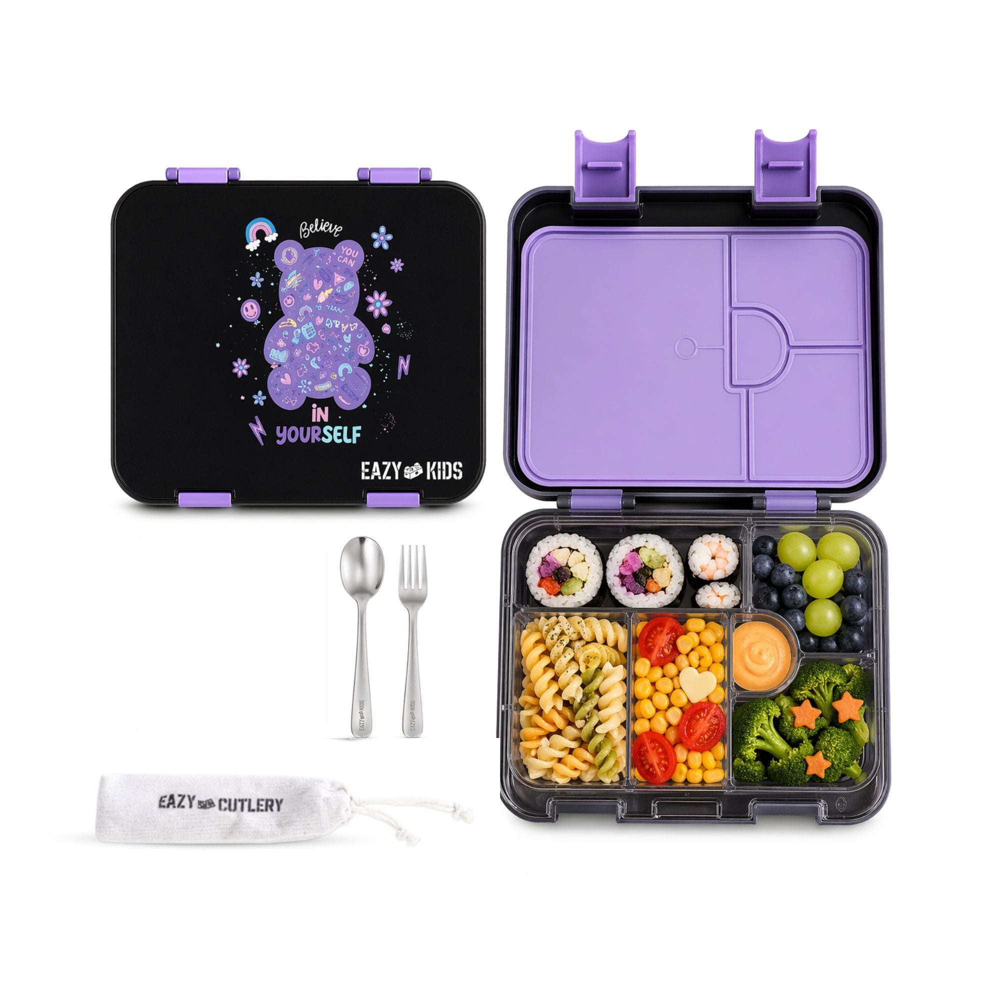 Eazy Kids 6 & 4 Convertible Bento Lunch Box w/Steel Spoon & Fork Set - Teddy Black