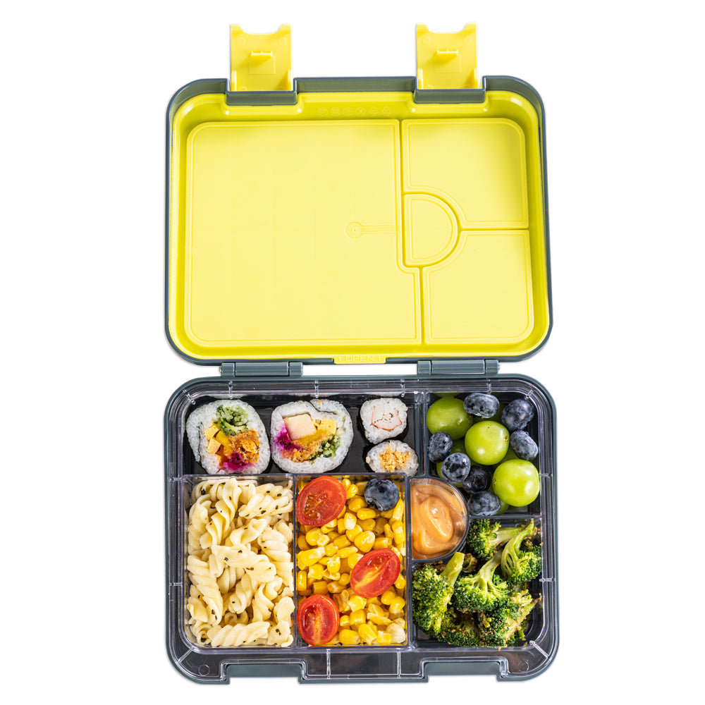 EAZY KIDS 6 & 4 Convertible Bento Lunch Box w/Steel Spoon & Fork Set and Alphabets Sticker - T-Rex dino Grey
