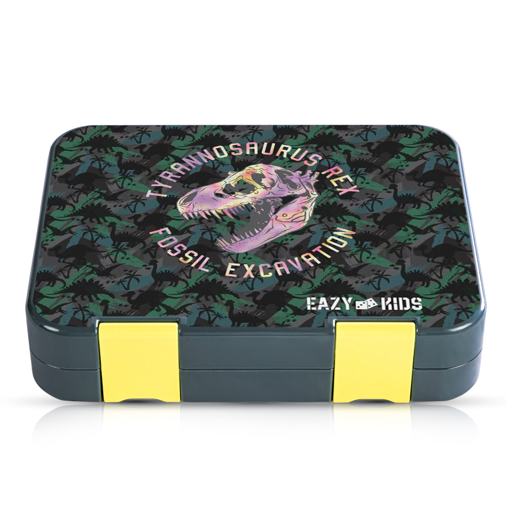 EAZY KIDS 6 & 4 Convertible Bento Lunch Box w/Steel Spoon & Fork Set and Alphabets Sticker - T-Rex dino Grey