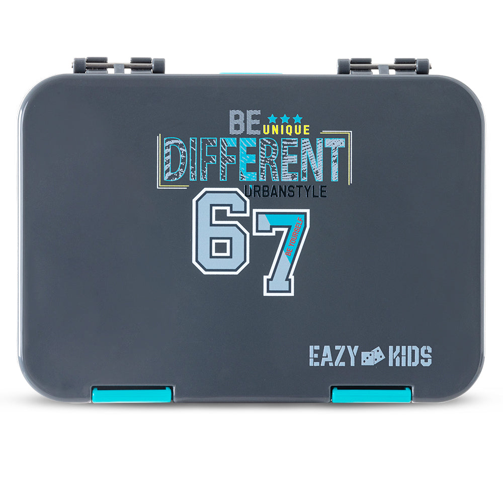 Eazy Kids Personalized 4 Compartment Bento Lunch Box – Leakproof BPA Free Food Container for Kids, Urban Grey