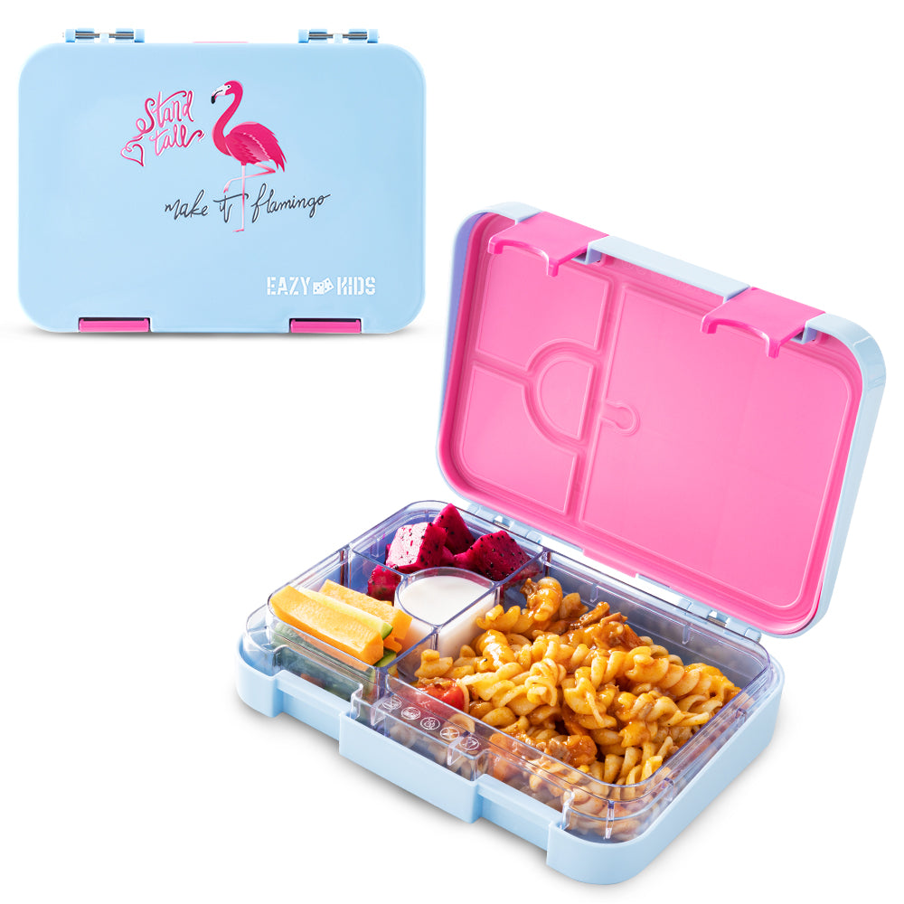 Eazy Kids 4 Compartment Bento Lunch Box – Leakproof BPA Free Food Container for Kids, Flamingo Aqua