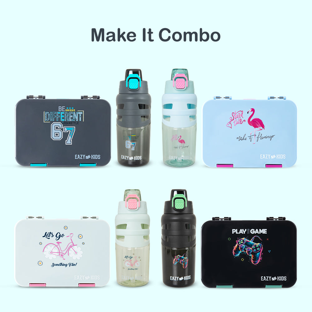 Eazy Kids 4 Compartment Bento Lunch Box – Leakproof BPA Free Food Container for Kids, Flamingo Aqua