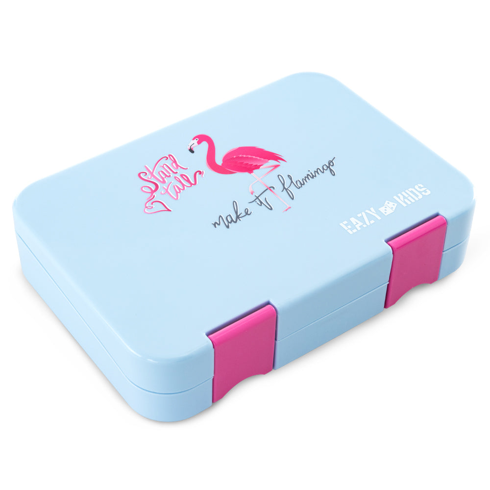 Eazy Kids Personalized 4 Compartment Bento Lunch Box – Leakproof BPA Free Food Container for Kids, Flamingo Aqua