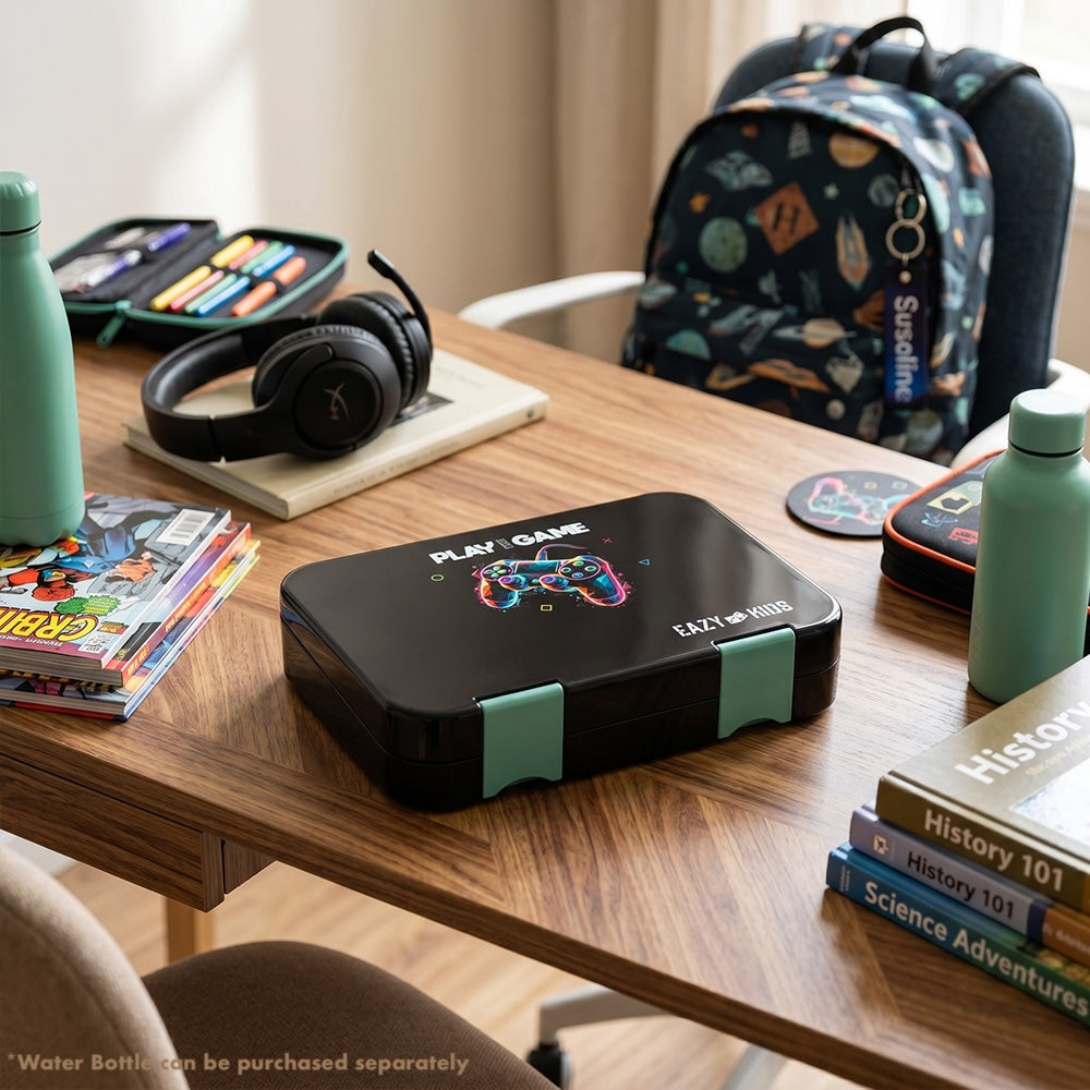 Eazy Kids 4 Compartment Bento Lunch Box – Leakproof BPA Free Food Container for Kids,Gamer Black