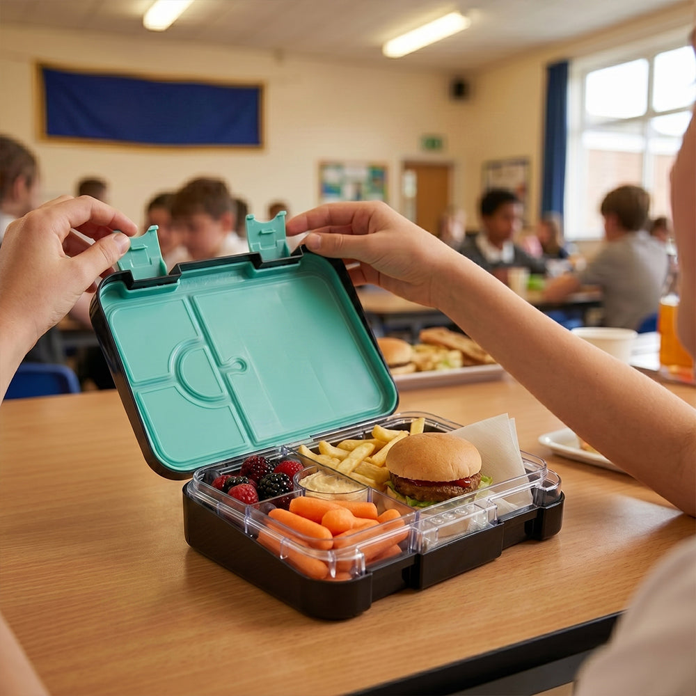 Eazy Kids 4 Compartment Bento Lunch Box – Leakproof BPA Free Food Container for Kids,Gamer Black
