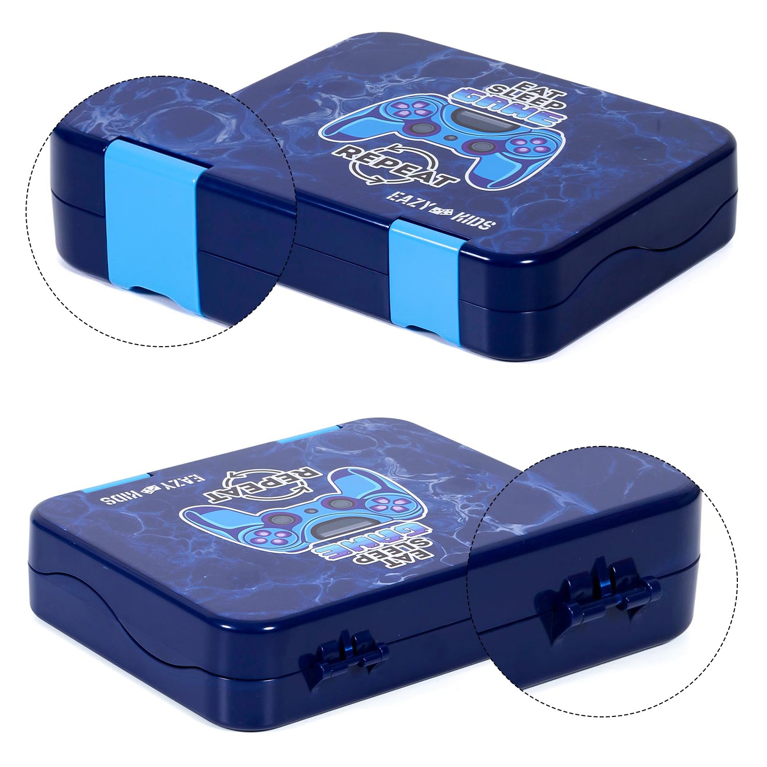 EAZY KIDS 5 & 4 Convertible Bento Lunch Box wt Sandwich Cutter Set - Eat Sleep Game