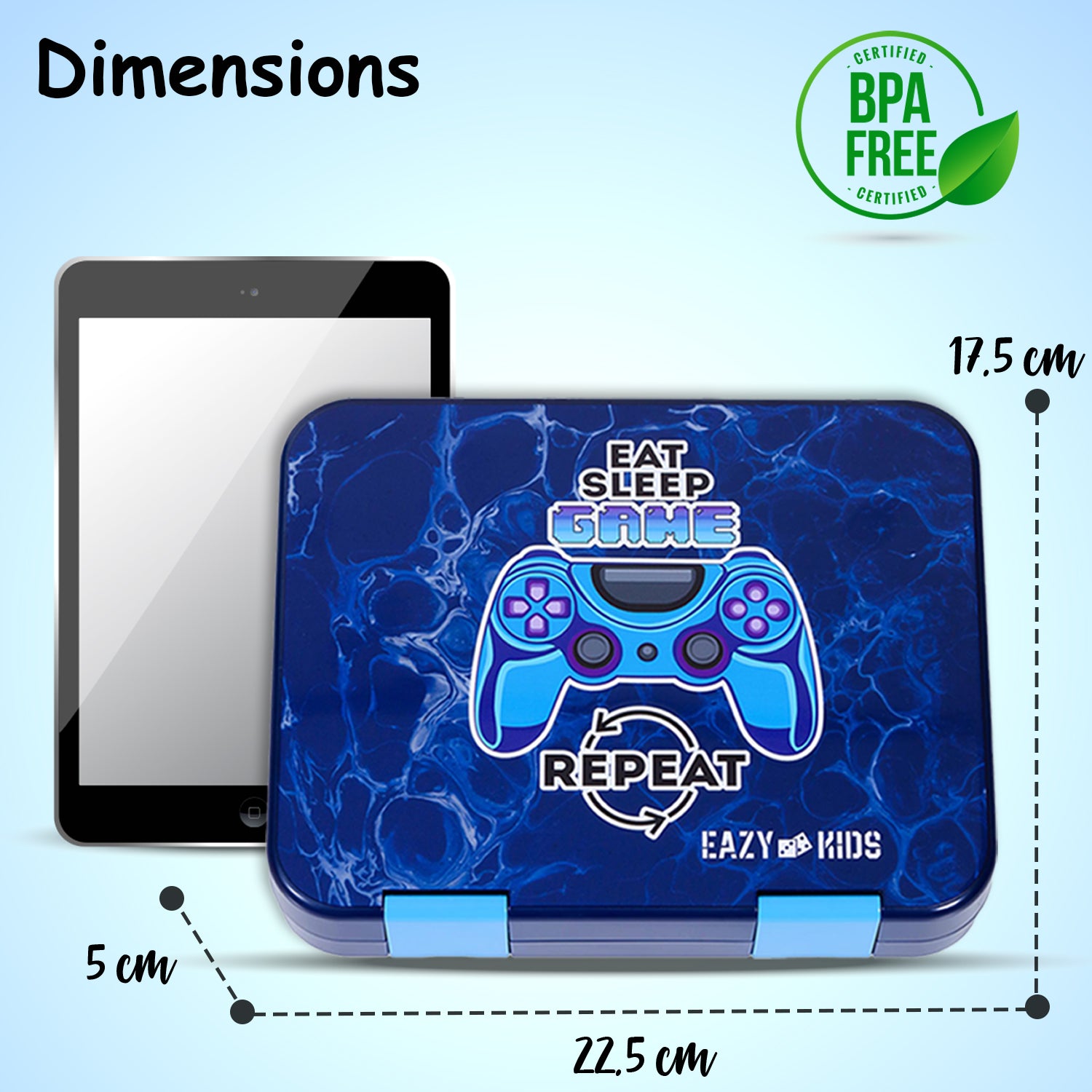 EAZY KIDS 5 & 4 Convertible Bento Lunch Box wt Sandwich Cutter Set - Eat Sleep Game