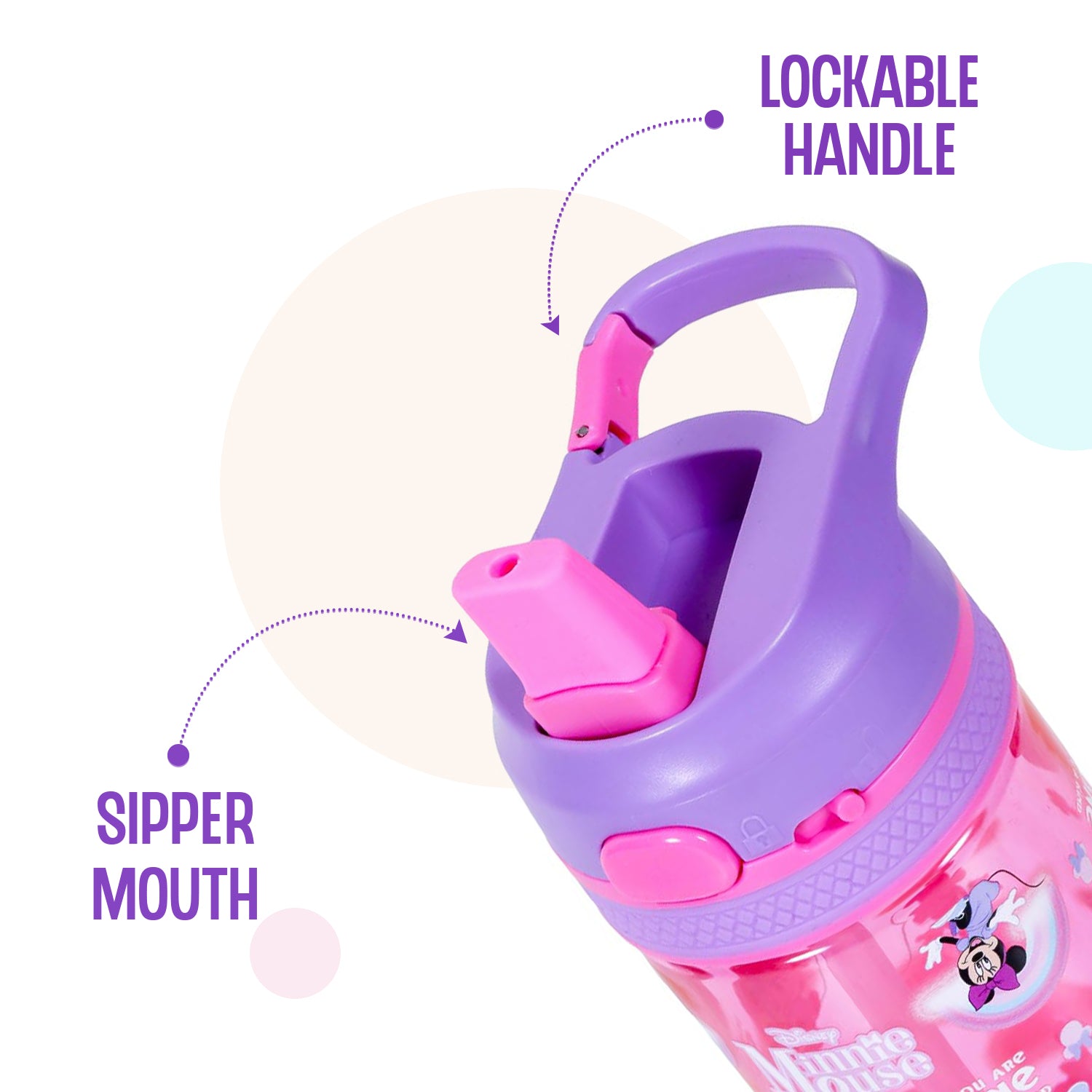 Disney Minnie Mouse Tritan Water Bottle w/Lockable Push button and Carry Handle - Purple Pink (420ml)