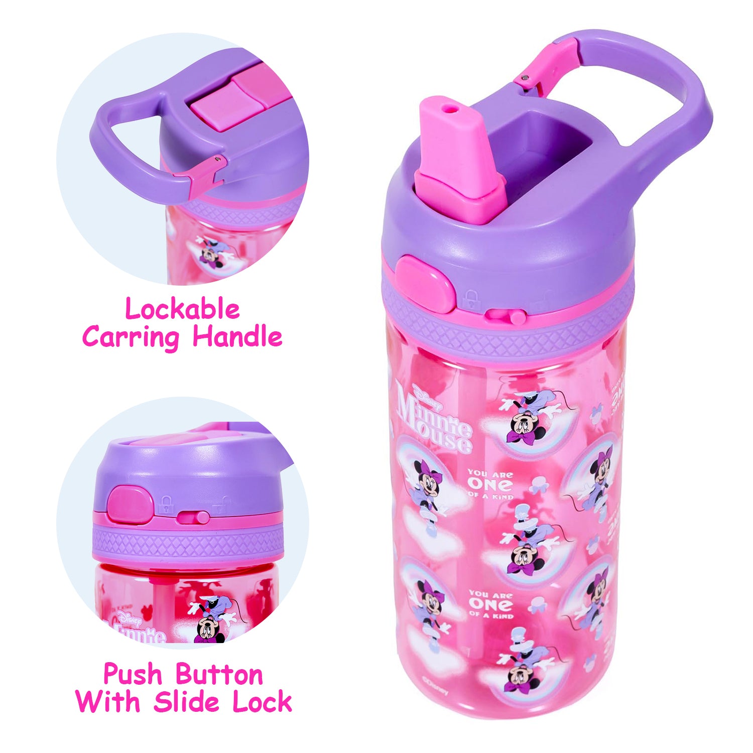 Disney Minnie Mouse Tritan Water Bottle w/Lockable Push button and Carry Handle - Purple Pink (420ml)