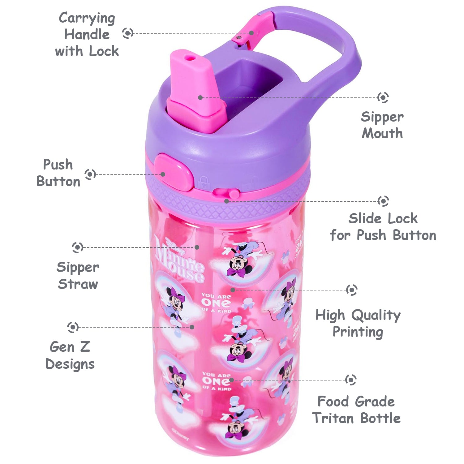 Disney Minnie Mouse Tritan Water Bottle w/Lockable Push button and Carry Handle - Purple Pink (420ml)