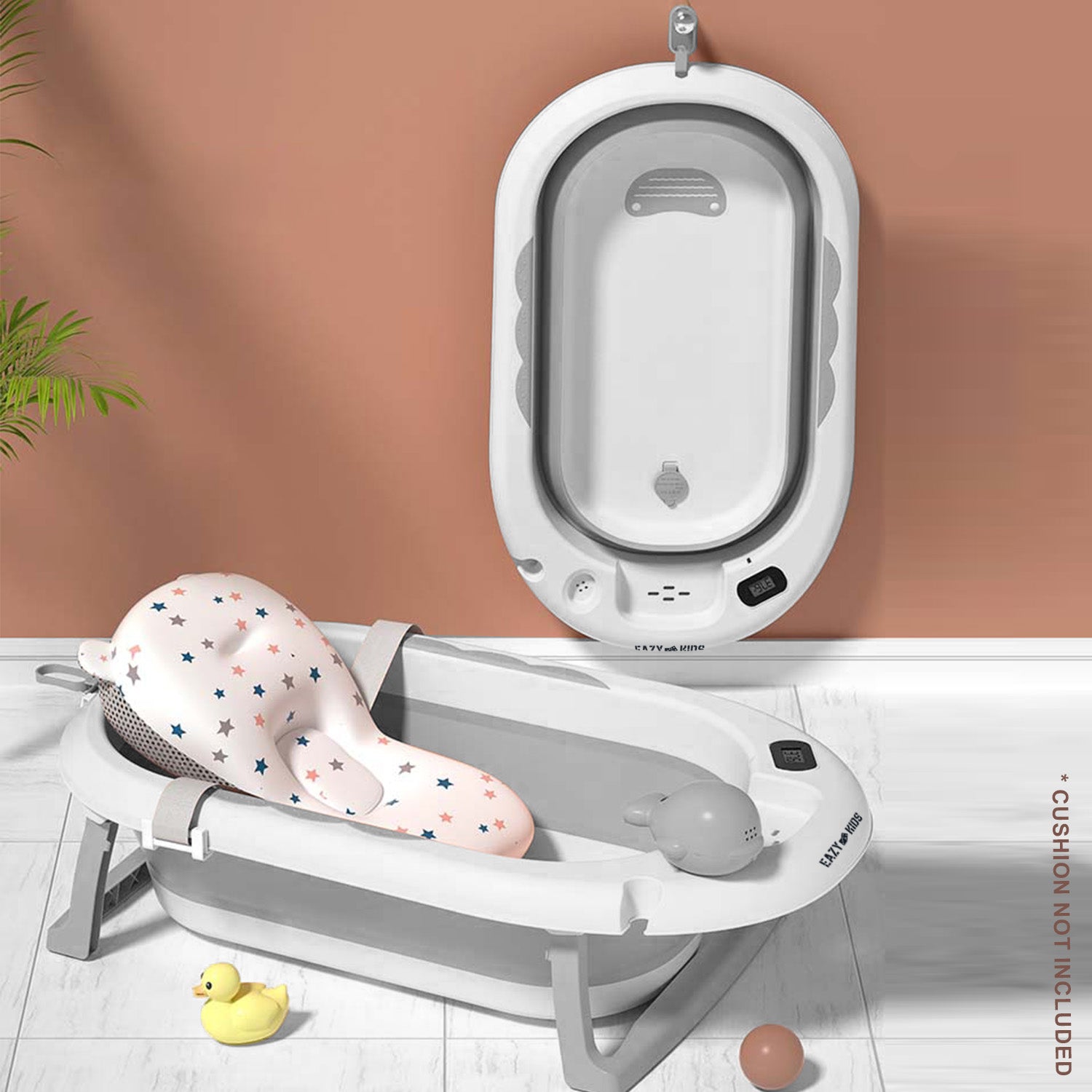 EAZY KIDS Temperature Controlled Foldable Bathtub w/Intelligent Temperature Monitoring Thermometer and Baby Head Shampoo Wash Rinse Mug - Grey