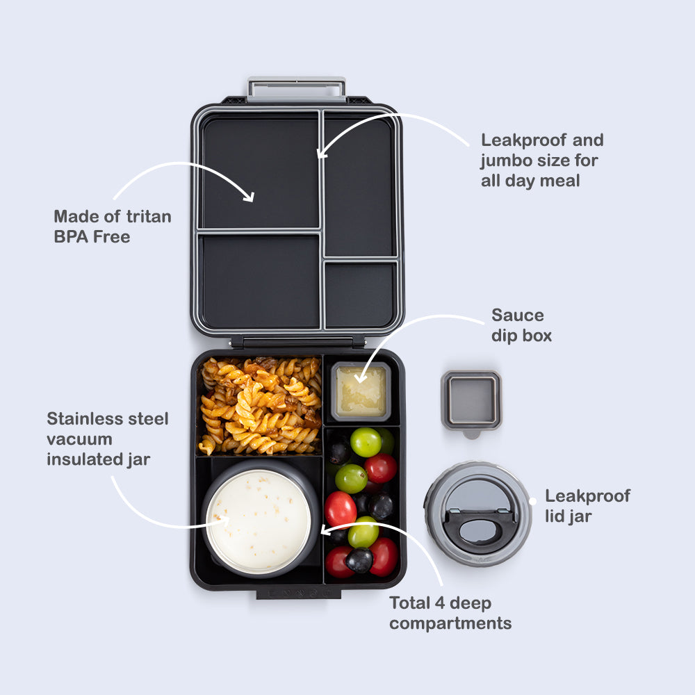 Eazy Kids Personalized Jumbo Bento Lunch Box w/Thermos & Dip Jar- Midnight Black