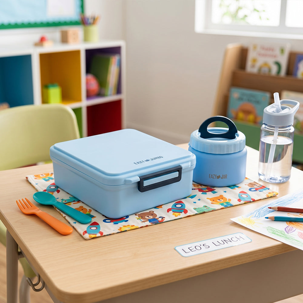 Eazy Kids Personalized Jumbo Bento Lunch Box w/Thermos & Dip Jar- Blue
