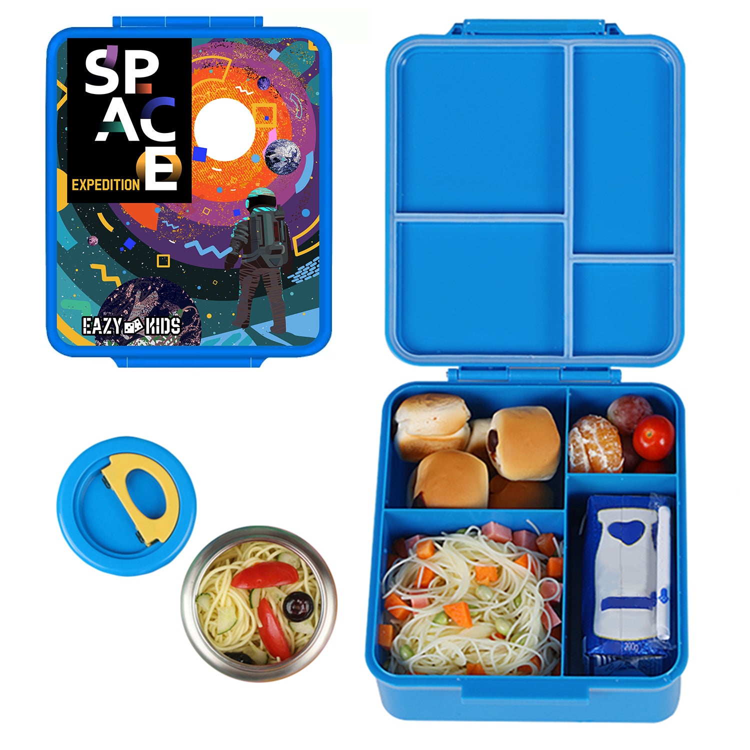 EAZY KIDS Jumbo Bento Lunch Box w/t Insulated Jar - Space Expedition Blue
