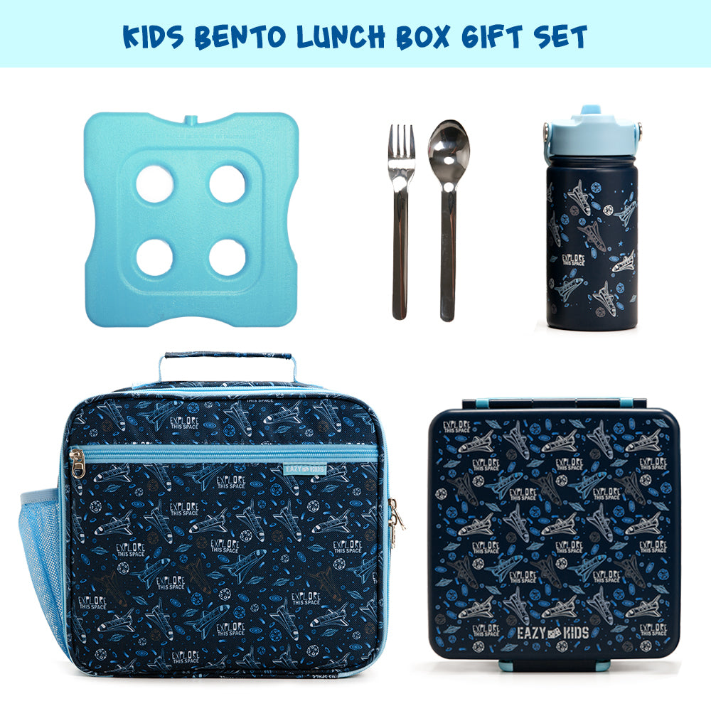 EAZY KIDS Jumbo Bento Lunch Box w/360ml Steel Water Bottle, Spoon & Fork Set, and Insulated Lunch Bag - Aircraft Blue