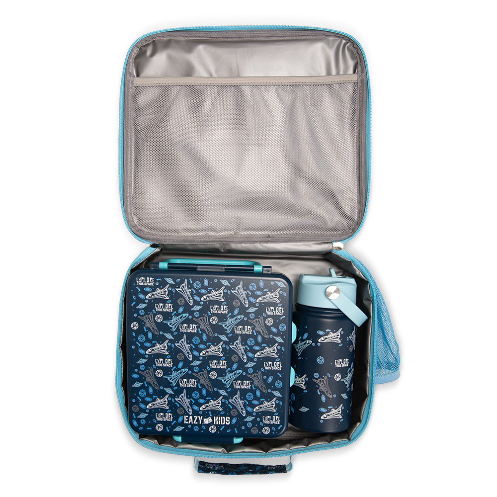 EAZY KIDS Jumbo Bento Lunch Box w/360ml Steel Water Bottle, Spoon & Fork Set, and Insulated Lunch Bag - Aircraft Blue