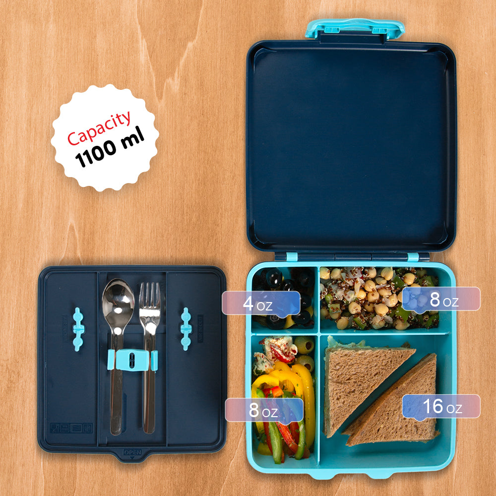 EAZY KIDS Jumbo Bento Lunch Box w/360ml Steel Water Bottle, Spoon & Fork Set, and Insulated Lunch Bag - Aircraft Blue