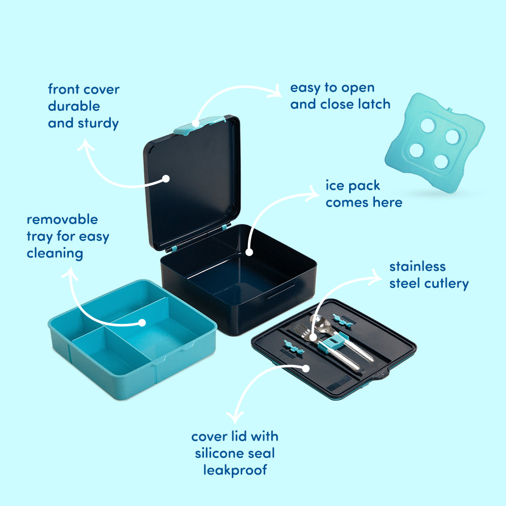 EAZY KIDS Jumbo Bento Lunch Box w/360ml Steel Water Bottle, Spoon & Fork Set, and Insulated Lunch Bag - Aircraft Blue