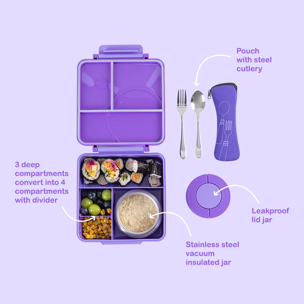 Eazy Kids Personalized 3/4 Jumbo Lunch Box w/Bowl, Spoon & Fork - Purple