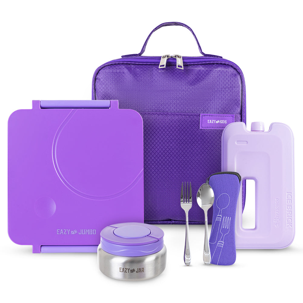 EAZY KIDS Jumbo Bento Lunch Box Set w/Steel Food Jar, Ice Pack & Insulated Lunch Bag β Purple