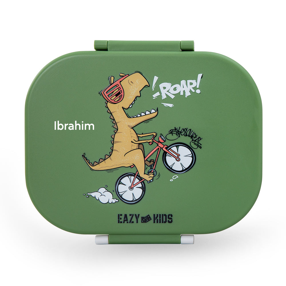 Eazy Kids Personalized Bento Lunch Box Set of 2, 1200ml + 760ml, Leakproof, BPA Free, Compartment Food Containers - Dino Green
