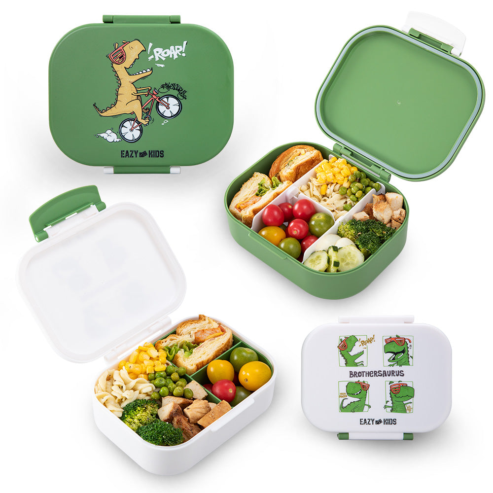 Eazy Kids Personalized Bento Lunch Box Set of 2, 1200ml + 760ml, Leakproof, BPA Free, Compartment Food Containers - Dino Green