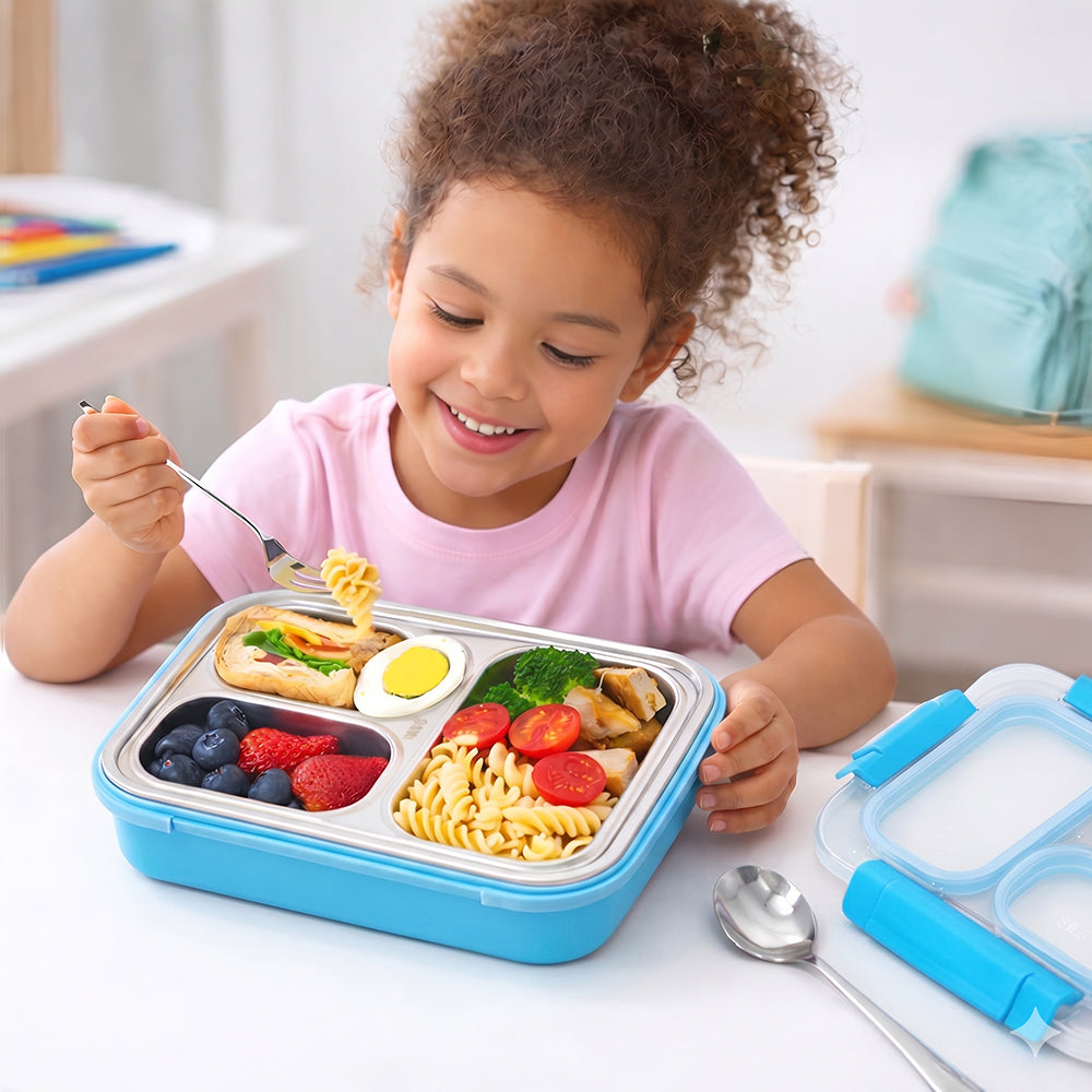 Eazy Kids Stainless Steel Lunch Box 710ml, 3 Compartment Leakproof Bento Box for Kids- Blue