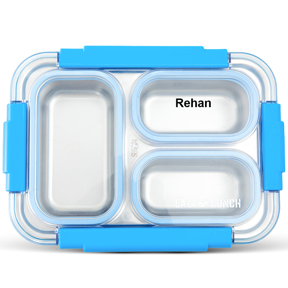 Eazy Kids Personalized Stainless Steel Lunch Box 710ml, 3 Compartment Leakproof Bento Box for Kids- Blue