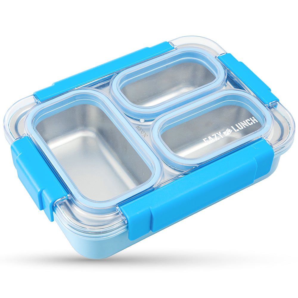 Eazy Kids Personalized Stainless Steel Lunch Box 710ml, 3 Compartment Leakproof Bento Box for Kids- Blue
