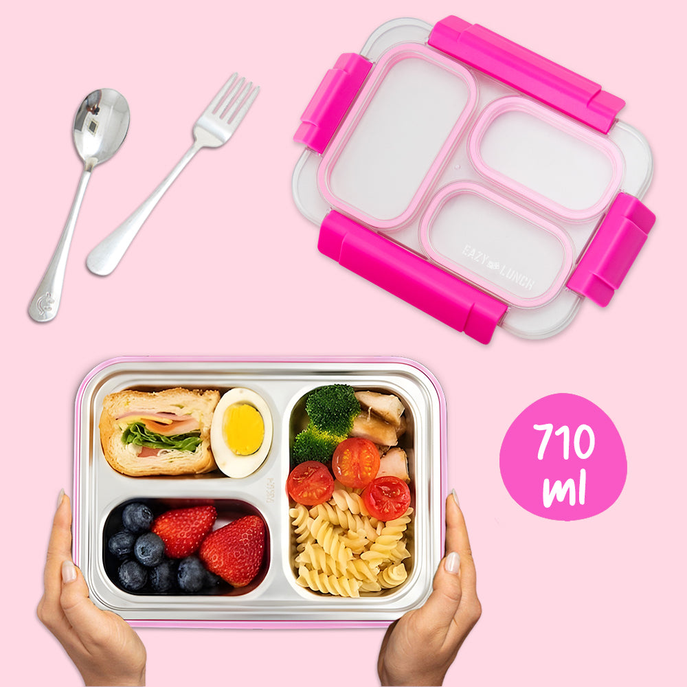Eazy Kids Stainless Steel Lunch Box 710ml, 3 Compartment Leakproof Bento Box for Kids- Pink