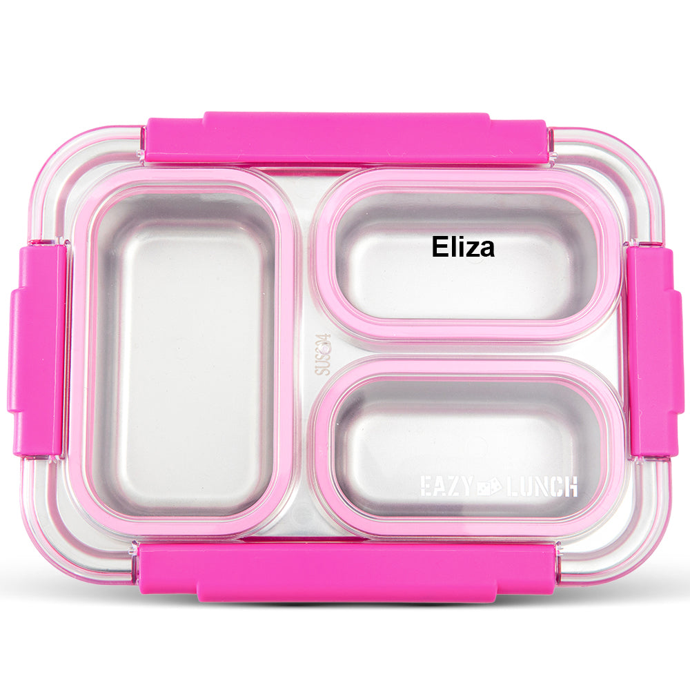 Eazy Kids Personalized Stainless Steel Lunch Box 710ml, 3 Compartment Leakproof Bento Box for Kids- Pink