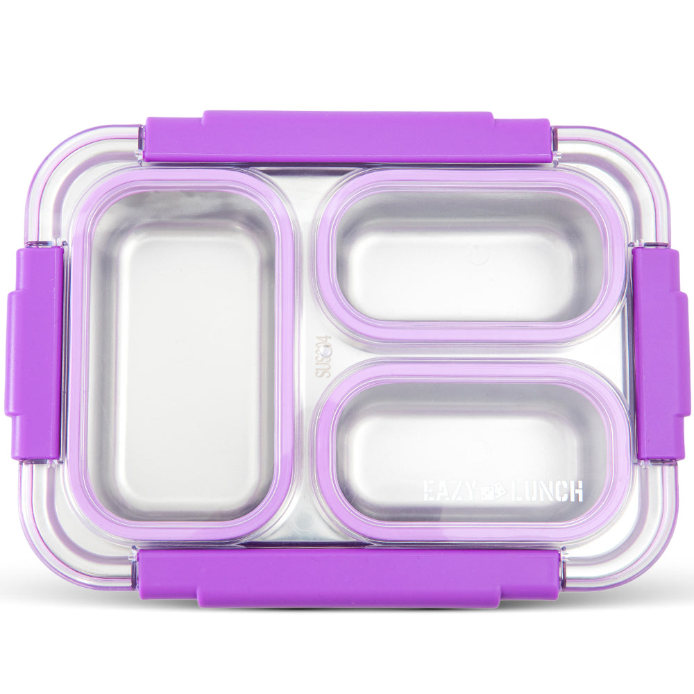 Eazy Kids Stainless Steel Lunch Box 710ml, 3 Compartment Leakproof Bento Box for Kids- Purple