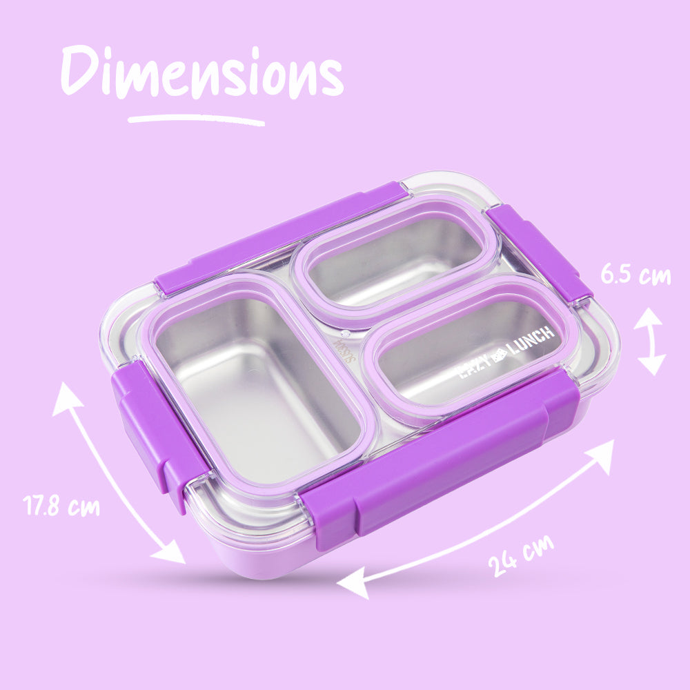 Eazy Kids Personalized Stainless Steel Lunch Box 710ml, 3 Compartment Leakproof Bento Box for Kids- Purple