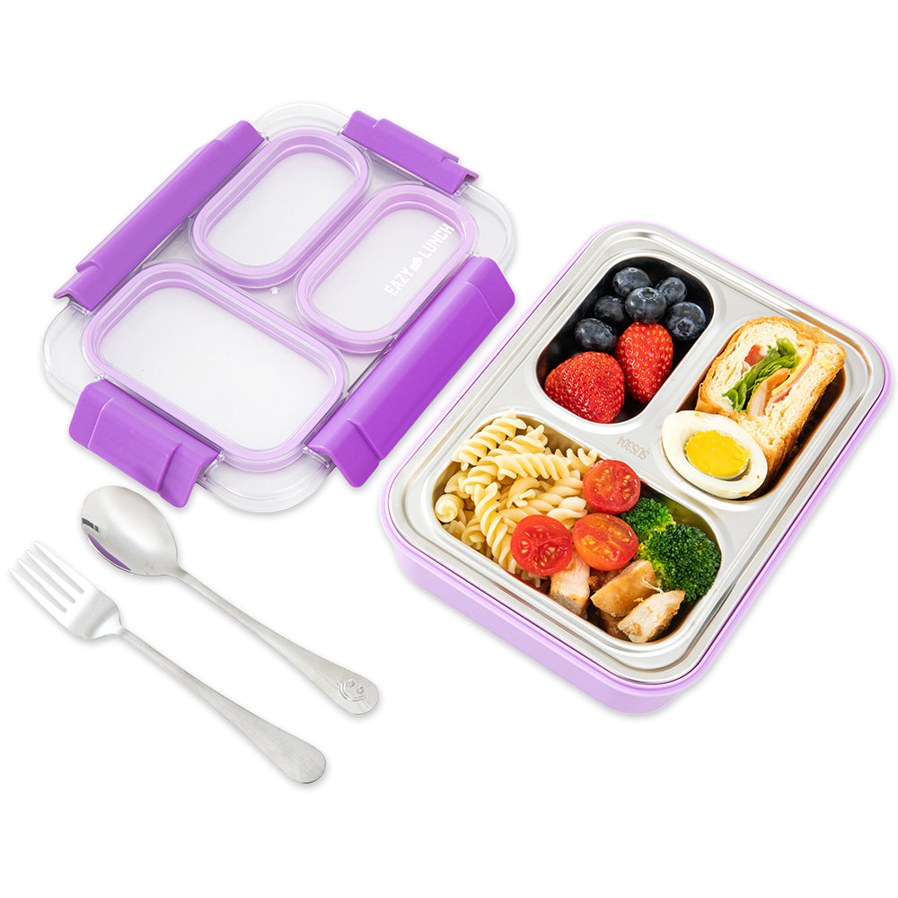 Eazy Kids Personalized Stainless Steel Lunch Box 710ml, 3 Compartment Leakproof Bento Box for Kids- Purple