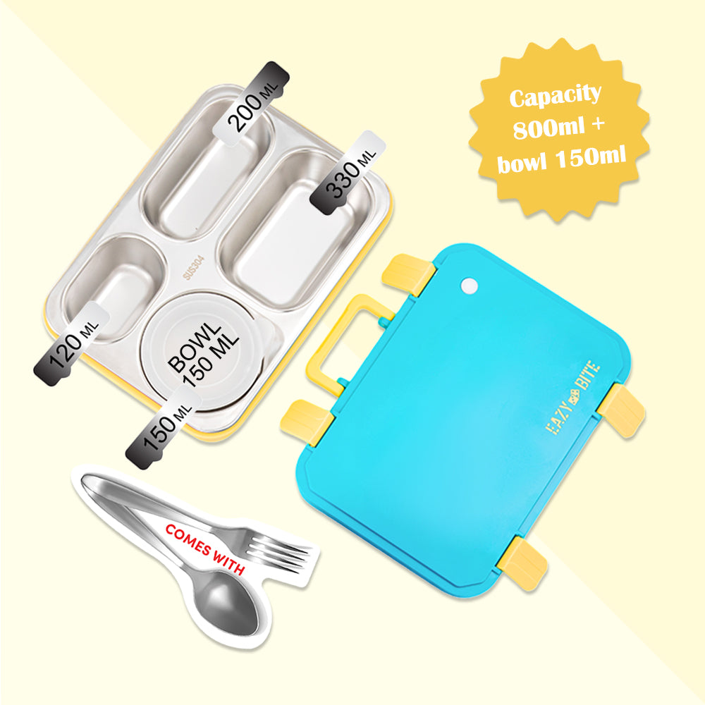 Eazy Kids Personalized Stainless Steel Lunch Box for Kids – 800ml with 150ml Food Jar - Blue