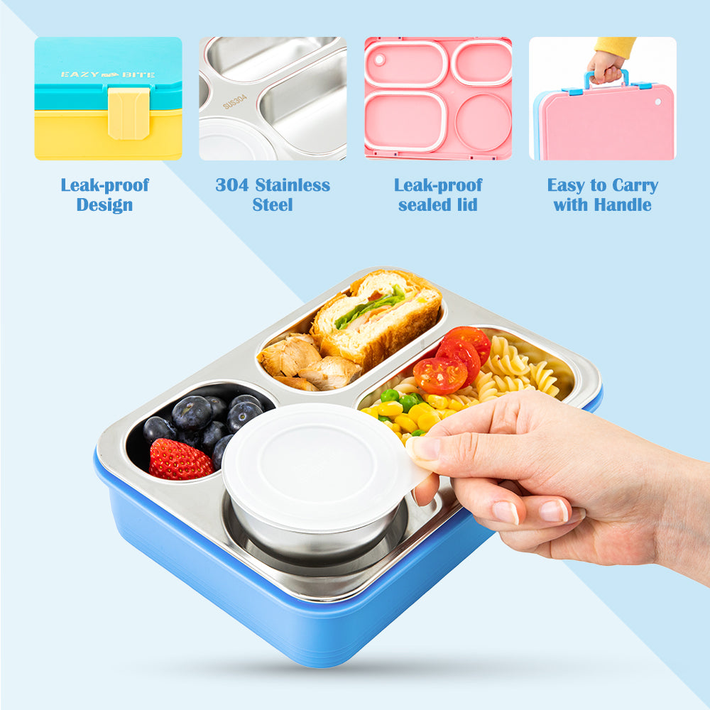 Eazy Kids Personalized Stainless Steel Lunch Box for Kids – 800ml with 150ml Food Jar- Pink