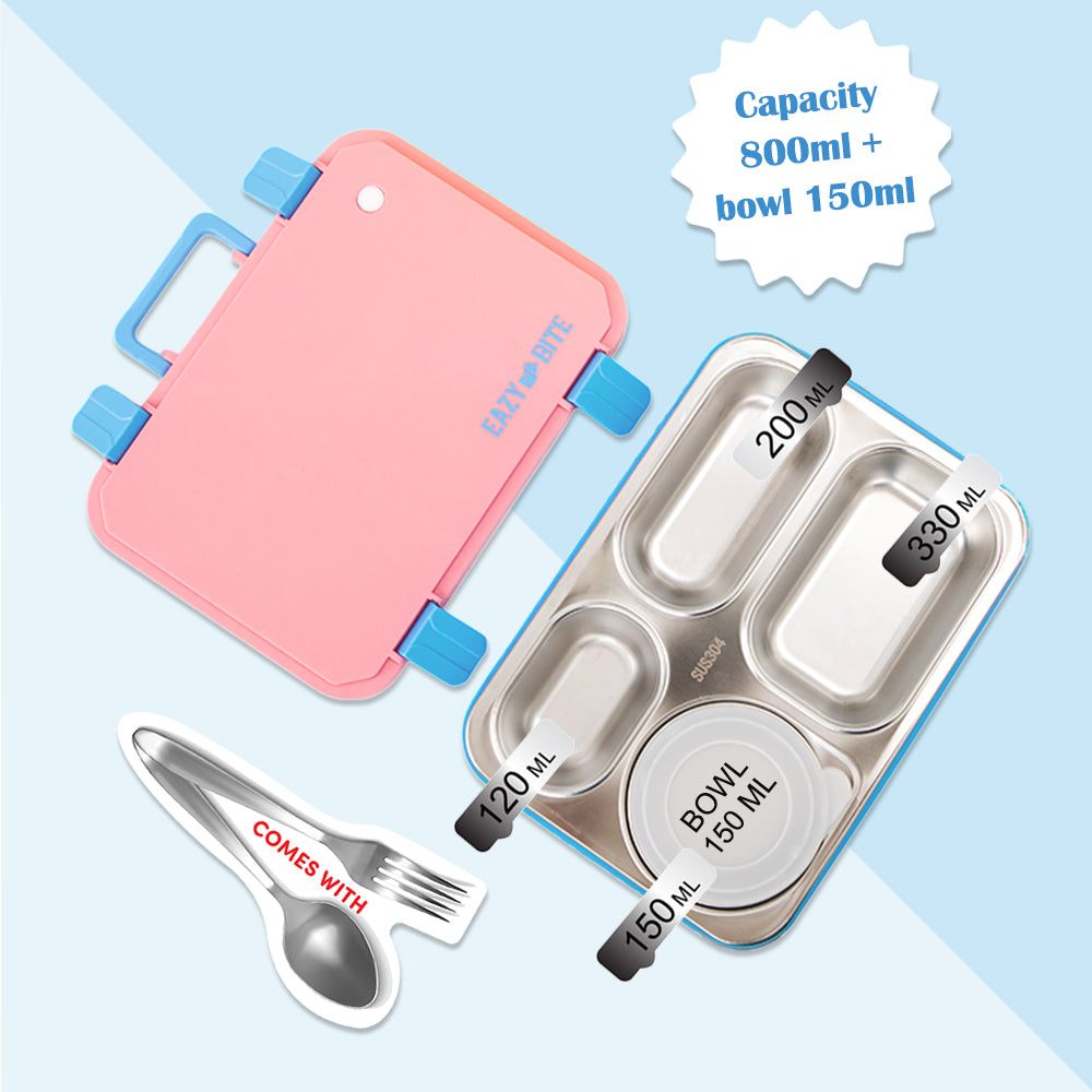 Eazy Kids Personalized Stainless Steel Lunch Box for Kids – 800ml with 150ml Food Jar- Pink