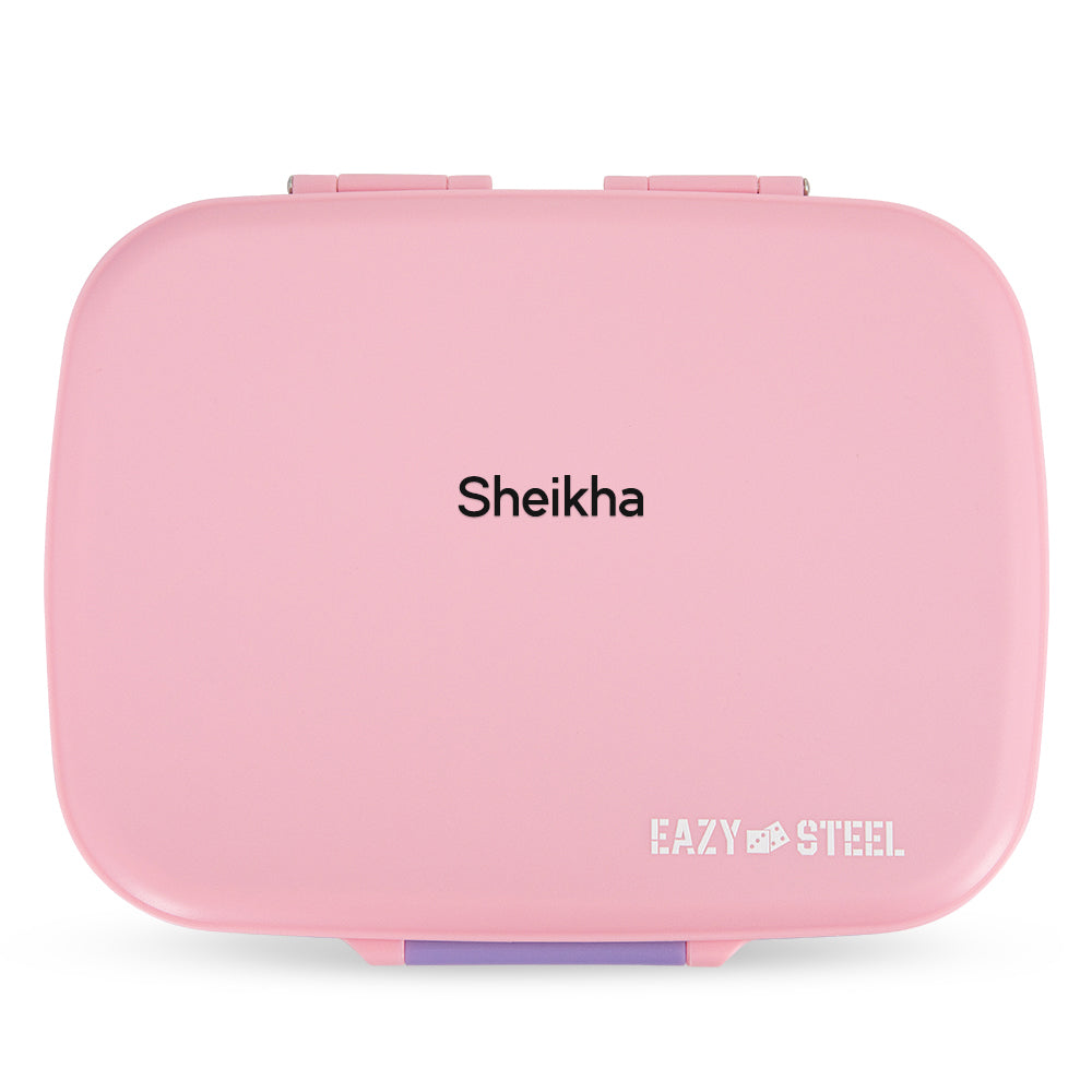 Eazy Kids Personalized Premium Stainless Steel Lunch Box 710ml – Leakproof 3-Compartment Lunch Box for Kids, Pink