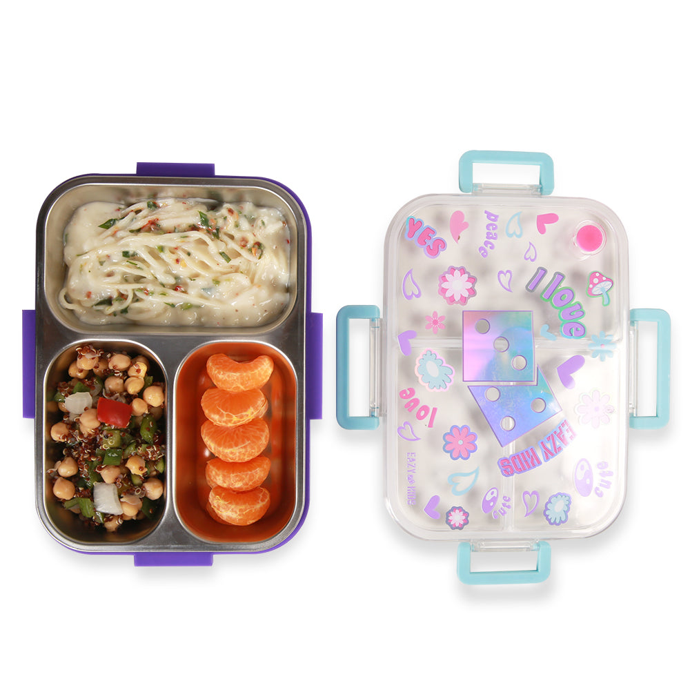 EAZY KIDS 3 Compartment Stainless Steel bento Lunch Box, 800ml - Floral Purple