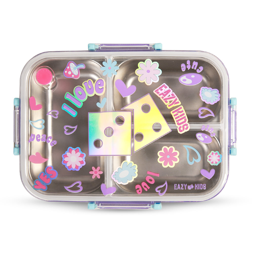 EAZY KIDS 3 Compartment Stainless Steel bento Lunch Box, 800ml - Floral Purple