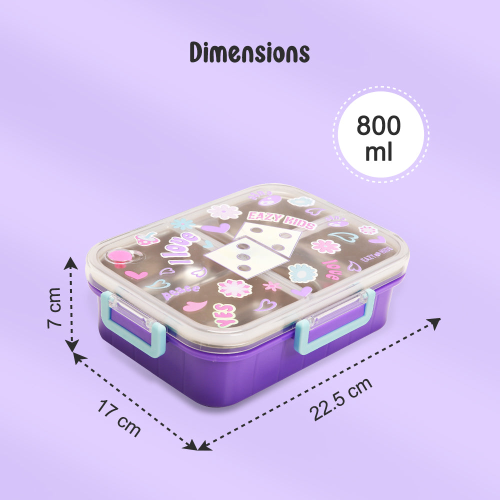 EAZY KIDS 3 Compartment Stainless Steel bento Lunch Box, 800ml - Floral Purple
