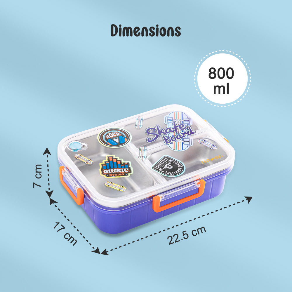 EAZY KIDS 3 Compartment Stainless Steel bento Lunch Box, 800ml - Skate Board Purple