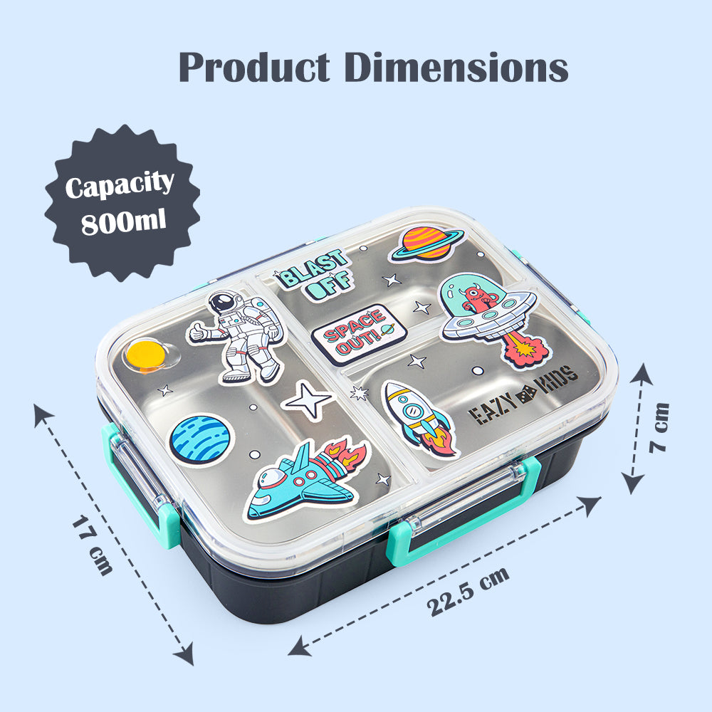 Eazy Kids 3 Compartment Stainless Steel bento Lunch Box - Space out 800ml - Blue