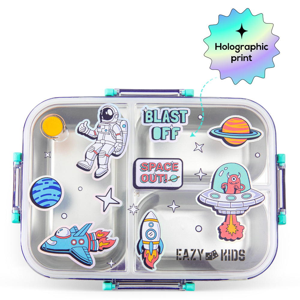 Eazy Kids 3 Compartment Stainless Steel bento Lunch Box - Space out 800ml - Blue