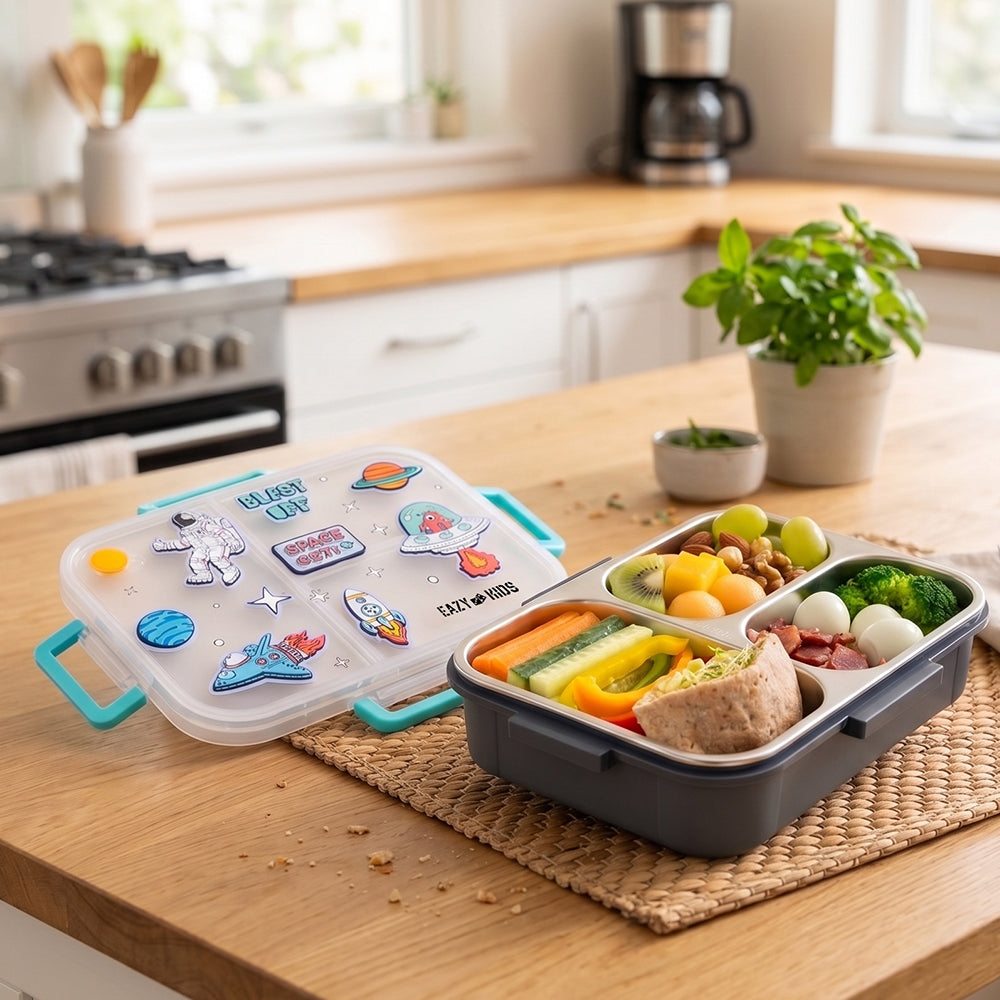Eazy Kids 3 Compartment Stainless Steel bento Lunch Box - Space out 800ml - Blue