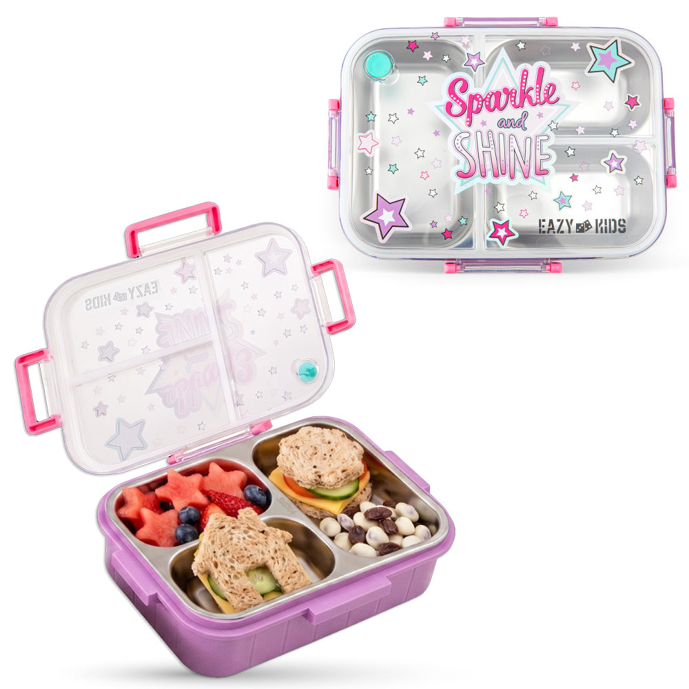 Eazy Kids 3 Compartment Stainless Steel bento Lunch Box - Sparkle Girl 800ml - Purple