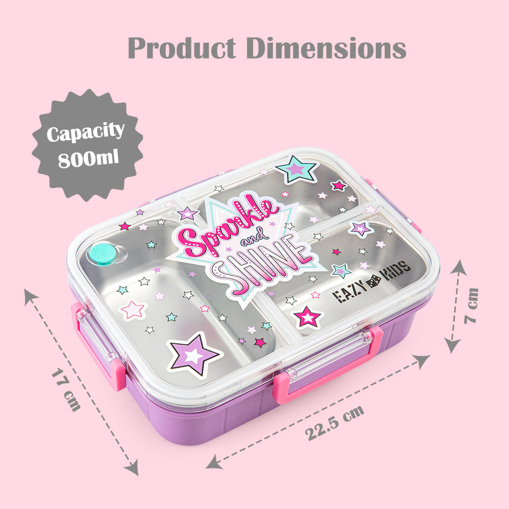 Eazy Kids 3 Compartment Stainless Steel bento Lunch Box - Sparkle Girl 800ml - Purple