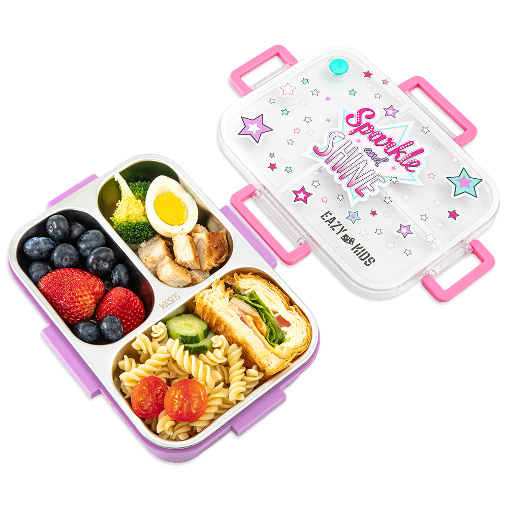 Eazy Kids 3 Compartment Stainless Steel bento Lunch Box - Sparkle Girl 800ml - Purple