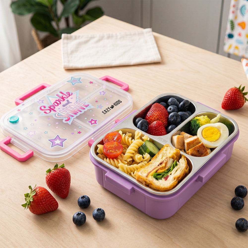 Eazy Kids 3 Compartment Stainless Steel bento Lunch Box - Sparkle Girl 800ml - Purple