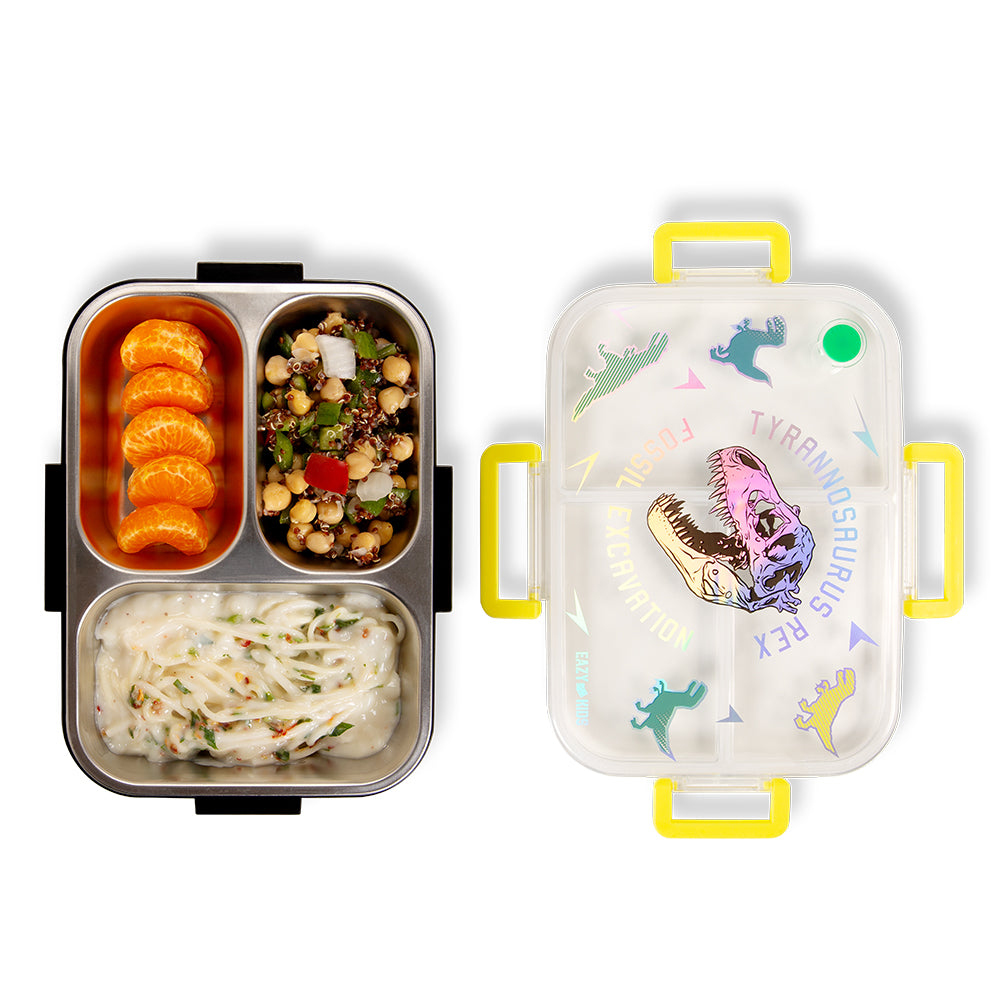 EAZY KIDS 3 Compartment Stainless Steel bento Lunch Box, 800ml - T- Rex Purple